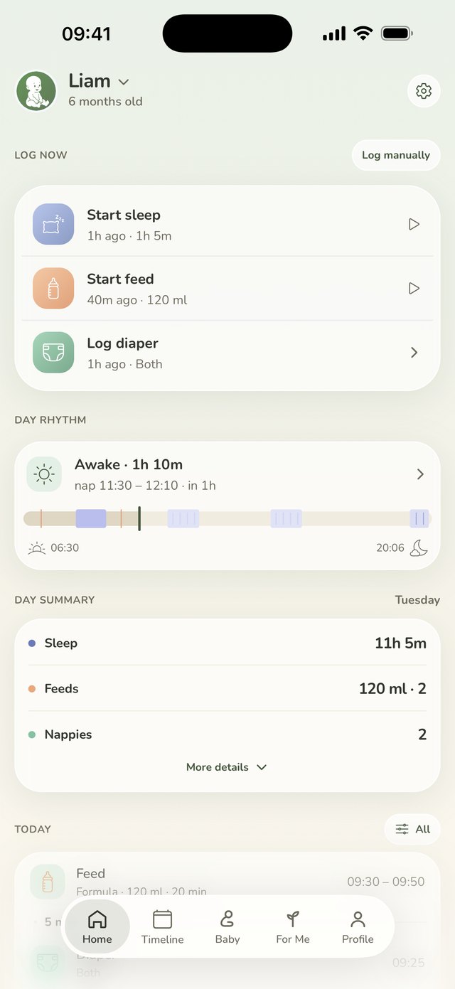 The Baby Atlas home screen: one-tap sleep, feed and diaper logging, the day rhythm strip, and today's timeline below.