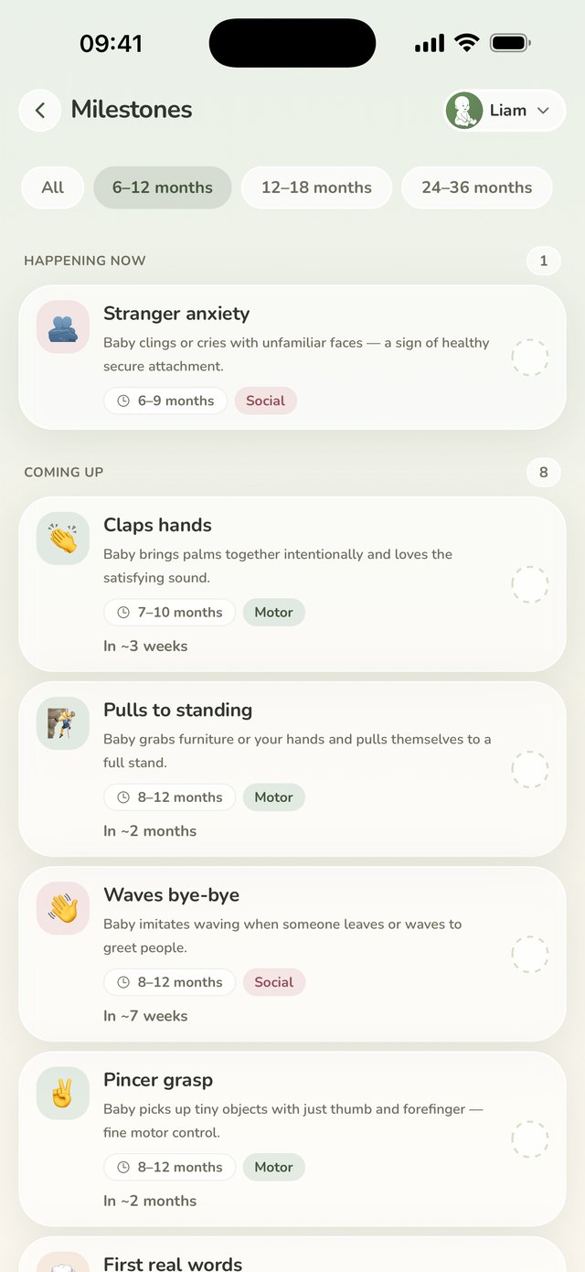 The milestones screen: stranger anxiety happening now, then claps hands and pulls to standing coming up, each with its age band.