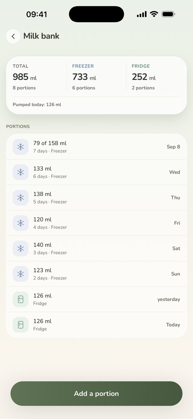 The milk bank screen: 985 ml across eight portions, split between freezer and fridge, each portion listed with its age and the day it was pumped.
