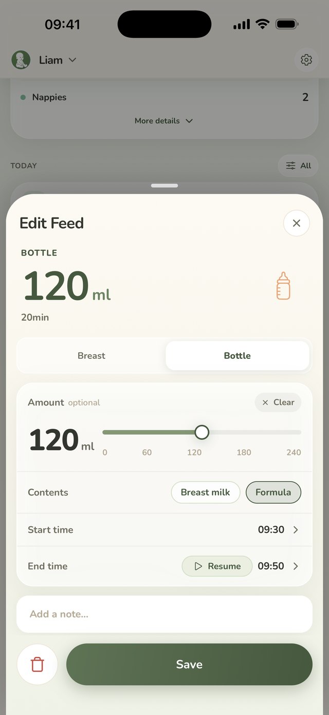The feed sheet: 120 ml as the heading, an amount slider under it, and breast milk or formula below.