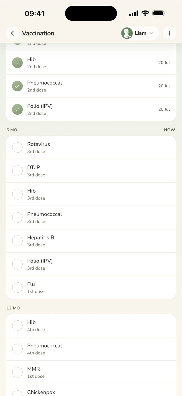 The vaccination screen: doses grouped by age with the current group marked now, recorded rows carrying their date and the rest their calendar age.